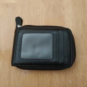 Vintage Black Zip-Around Card Wallet with ID Window